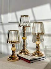High Objects Crystal Belle Candle Stand Set, gold metal with fluted glass shades, set of 3 graduated heights.
