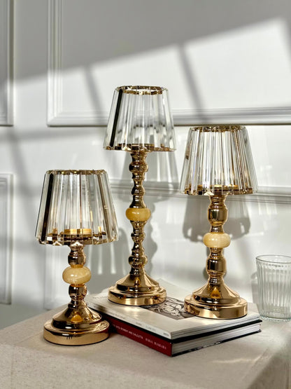 High Objects Crystal Belle Candle Stand Set, gold metal with fluted glass shades, set of 3 graduated heights.