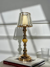 High Objects Crystal Belle Candle Stand Set, gold metal with faceted glass shade and decorative bead accents.