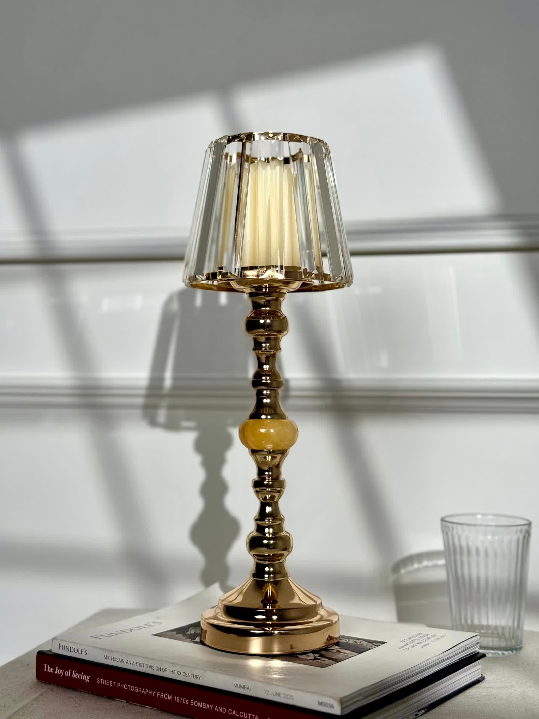 High Objects Crystal Belle Candle Stand Set, gold metal with faceted glass shade and decorative bead accents.