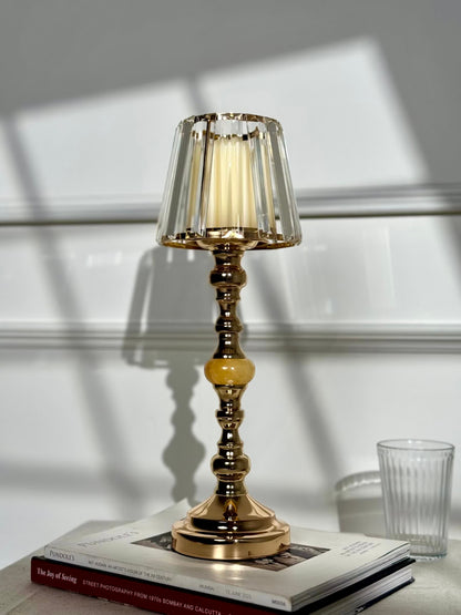 High Objects Crystal Belle Candle Stand Set, gold metal with faceted glass shade and decorative bead accents.