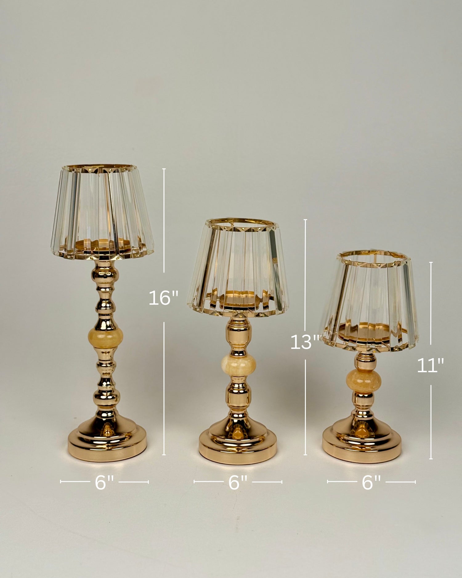 High Objects Crystal Belle Candle Stand Set, gold metal with fluted glass shades, set of 3 graduated heights.
