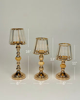 High Objects Crystal Belle Candle Stand Set, gold metal with fluted glass shades, set of 3 graduated heights.