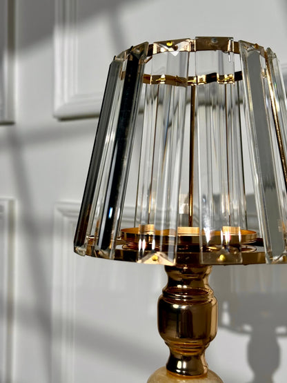 High Objects Crystal Belle candle stand with faceted glass shade and gold pedestal stem. Elegant decorative accent.