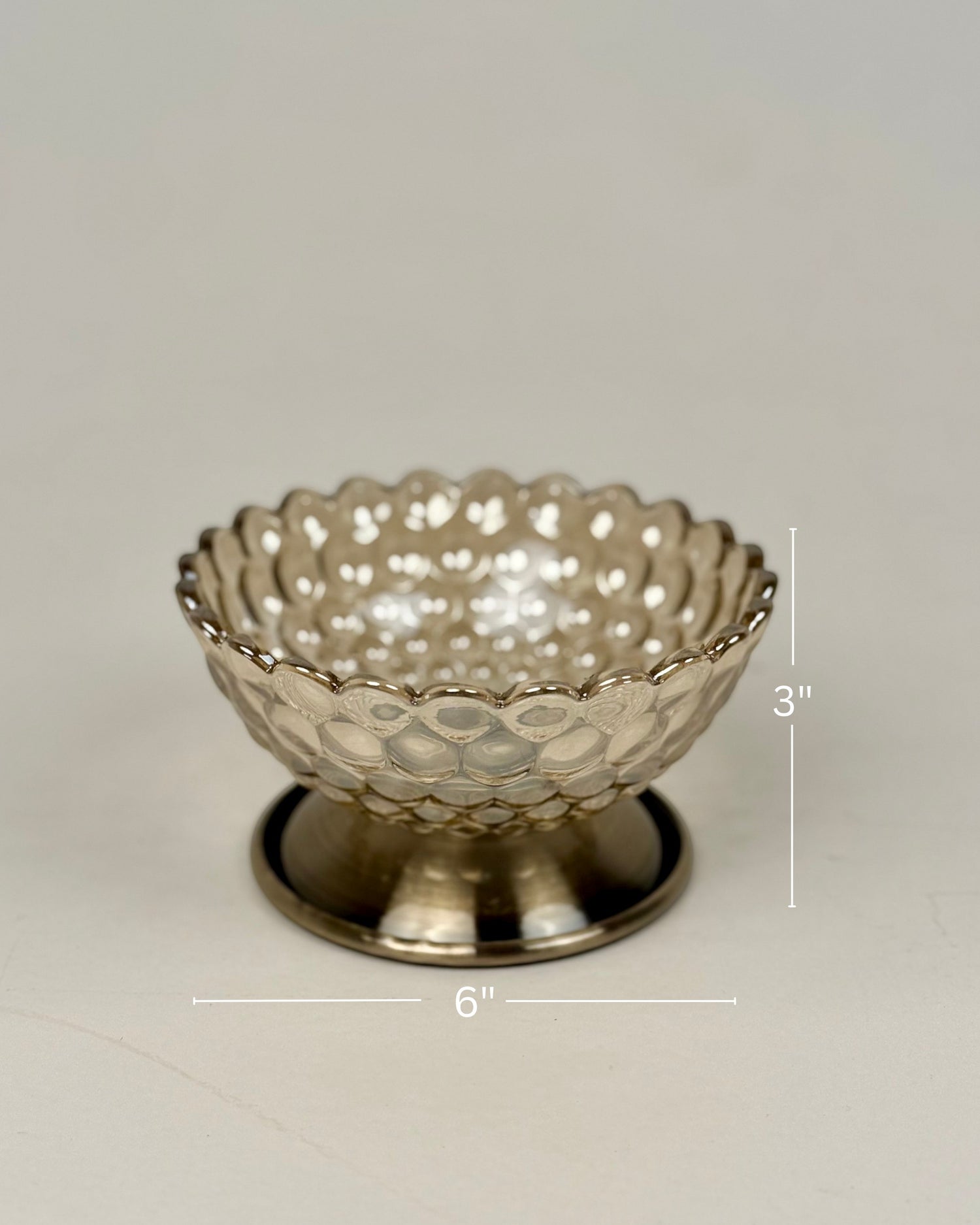 High Objects Crystal Bloom Accent Bowl, textured glass with scalloped rim on a metallic pedestal base. 6" W x 3" H.