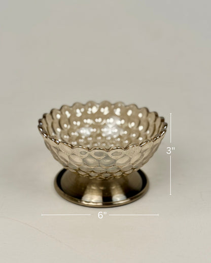 High Objects Crystal Bloom Accent Bowl, textured glass with scalloped rim on a metallic pedestal base. 6" W x 3" H.
