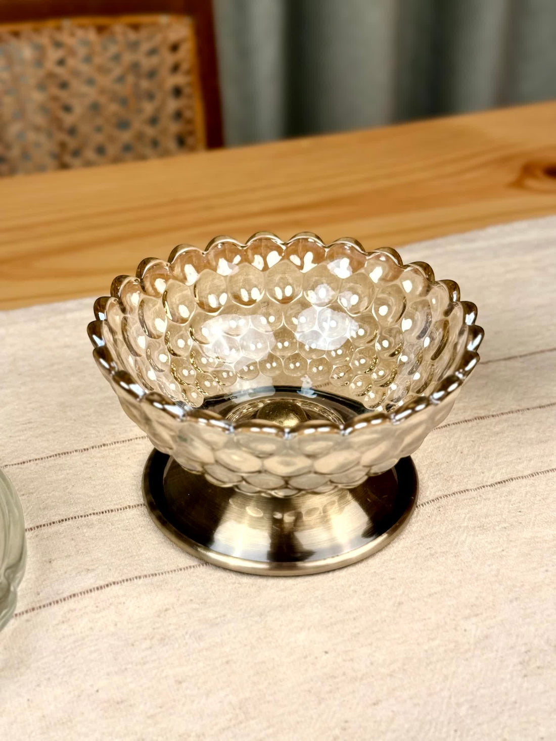 High Objects Crystal Bloom Accent Bowl with scalloped rim and metallic base, textured glass, 6" diameter.