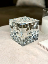 High Objects clear crystal cube artefact with sharp edges, reflecting light beautifully. Modern sculptural décor.