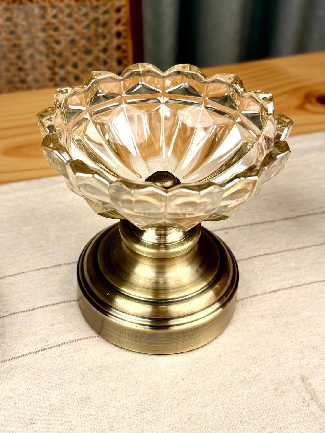 High Objects Crystal Droplet Accent Bowl, clear textured glass with scalloped rim on a brass pedestal base.