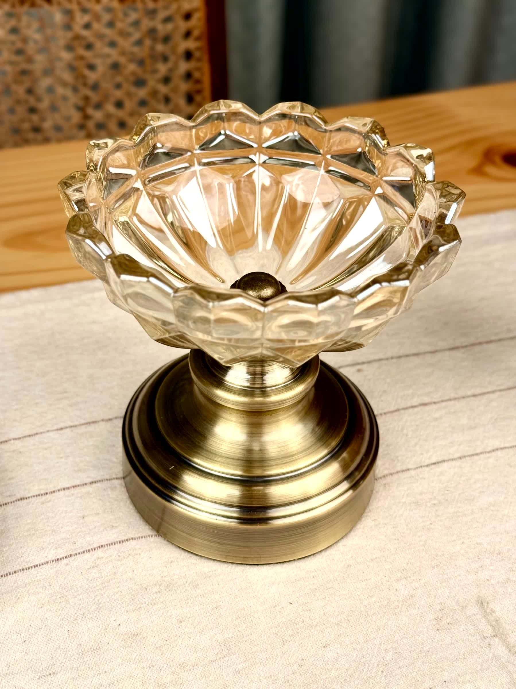 High Objects Crystal Droplet Accent Bowl, clear textured glass with scalloped rim on a brass pedestal base.