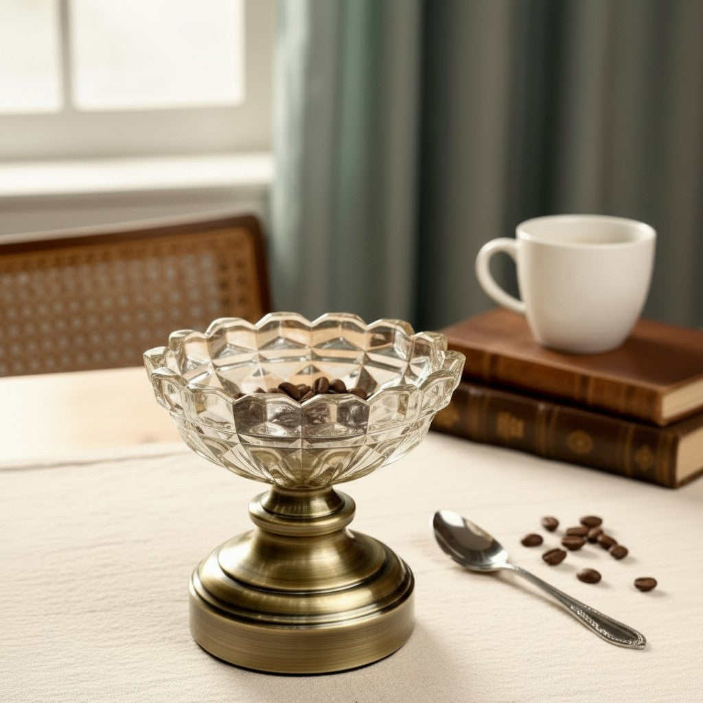 High Objects Crystal Droplet Accent Bowl with metallic base, clear textured glass, filled with coffee beans.