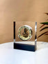 High Objects Crystal Block Gear Desk Clock with gold-tone exposed gears and Roman numerals on a black base.