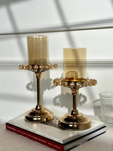High Objects Crystal Halo Candle Stand Set, gold metal with amber glass holders and crystal accents.
