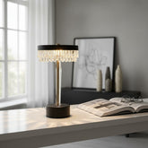 High Objects Crystal Halo Table Lamp with black shade and crystal accents, casting warm light.