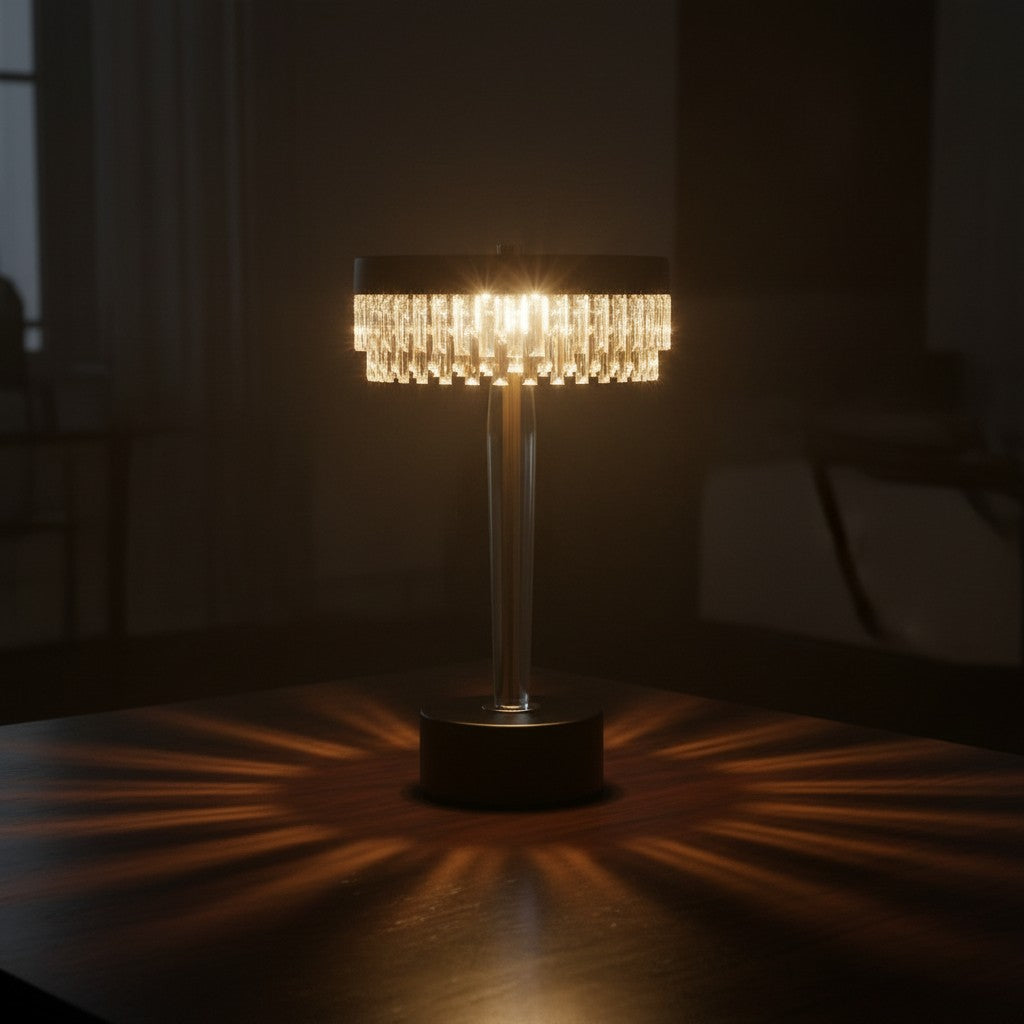 High Objects Crystal Halo Table Lamp with gold stem, black shade, and crystal accents, casting a warm glow.