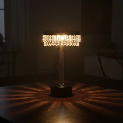 High Objects Crystal Halo Table Lamp with gold stem, black shade, and crystal accents, casting a warm glow.