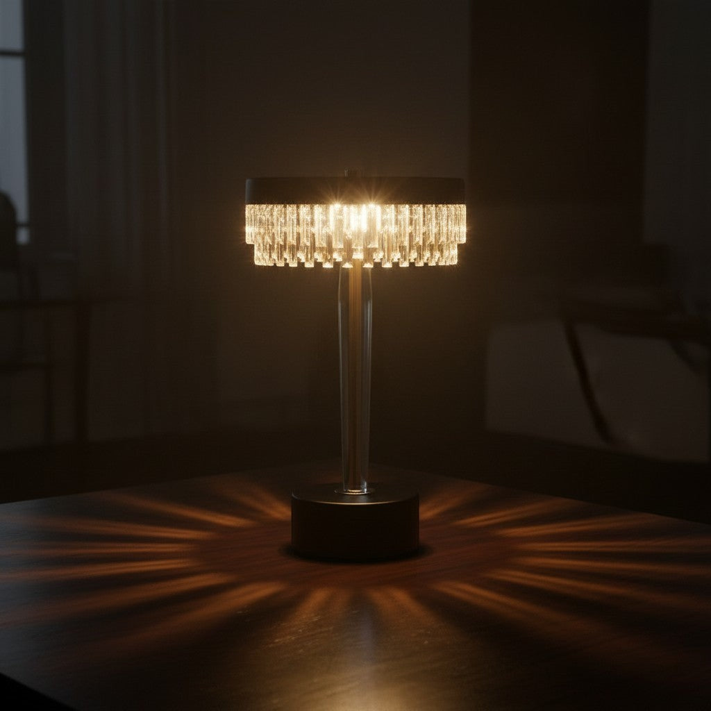 High Objects Crystal Halo Table Lamp with tiered crystal shade and clear stem, casting starburst light patterns.
