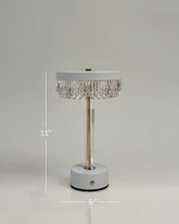 High Objects Crystal Halo Table Lamp with white shade and base, gold stem, and crystal fringe detail. 11" H x 6" W.