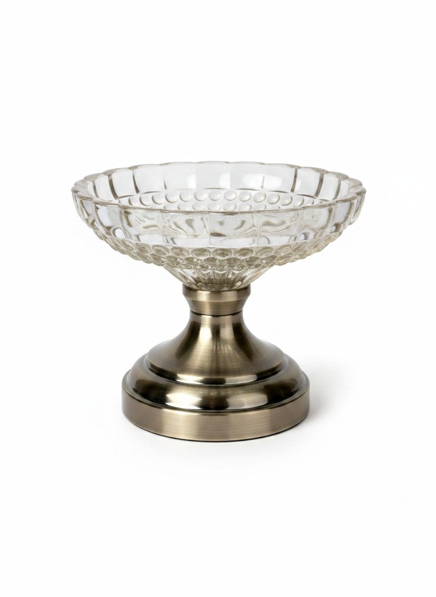 High Objects Crystal Charm Pedestal Bowl, clear textured glass with scalloped rim on a metallic base. Ideal for decor.