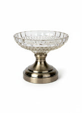 High Objects Crystal Charm Pedestal Bowl, clear textured glass with scalloped rim on a metallic base. Ideal for decor.