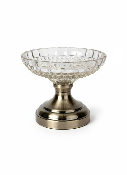 High Objects Crystal Charm Pedestal Bowl, clear textured glass with scalloped rim on a metallic base. Ideal for decor.