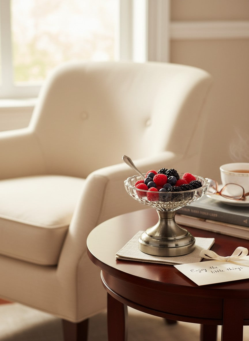 High Objects Crystal Charm Pedestal Bowl, clear textured glass with scalloped rim on a metallic base. Ideal for decor.