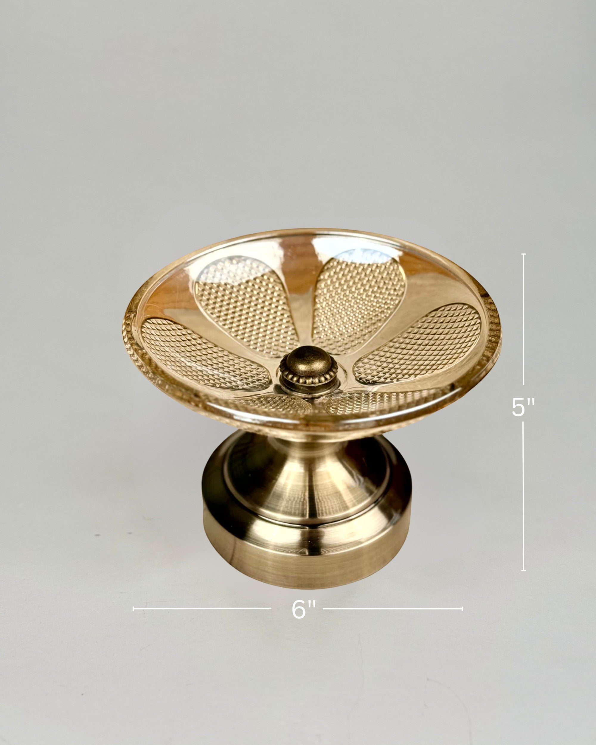 High Objects Crystal Petal Accent Platter, antique brass finish, glass with petal design, scalloped rim, pedestal base.