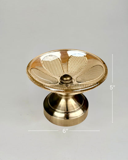 High Objects Crystal Petal Accent Platter, antique brass finish, glass with petal design, scalloped rim, pedestal base.