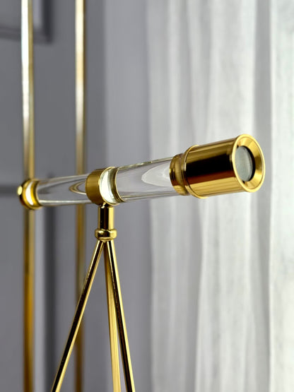 High Objects Crystal Telescope Artefact with gold-finished iron accents and tripod stand. Decorative vintage exploration piece.