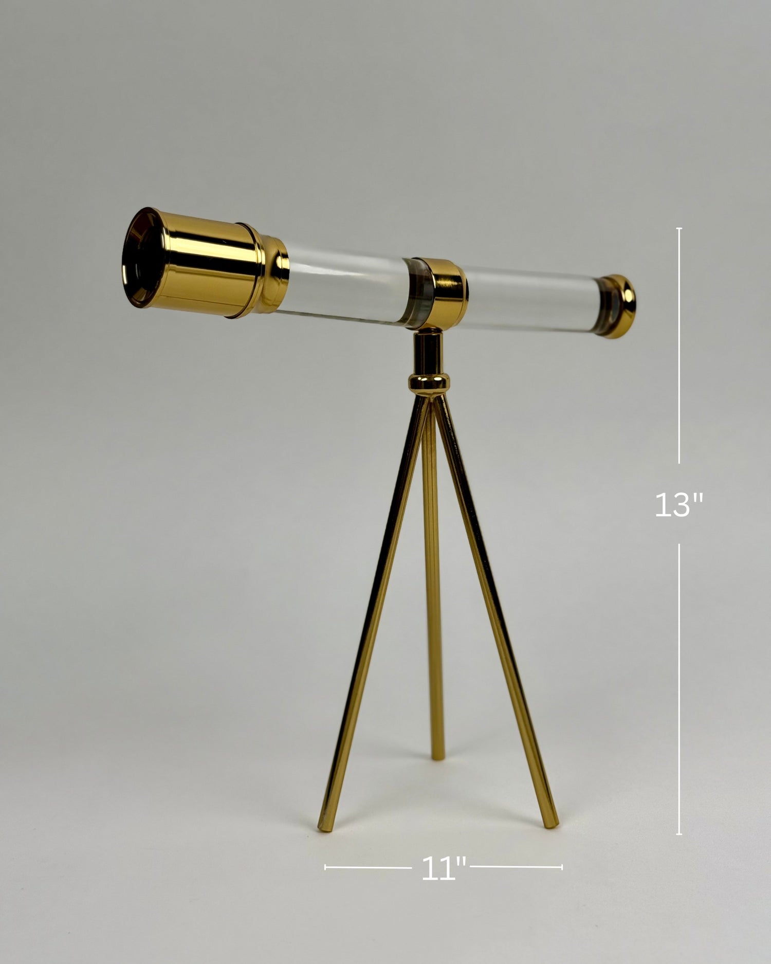 High Objects Crystal Telescope Artefact with gold accents and tripod stand. Decorative vintage exploration piece.