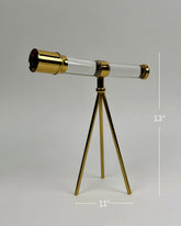 High Objects Crystal Telescope Artefact with gold accents and tripod stand. Decorative vintage exploration piece.