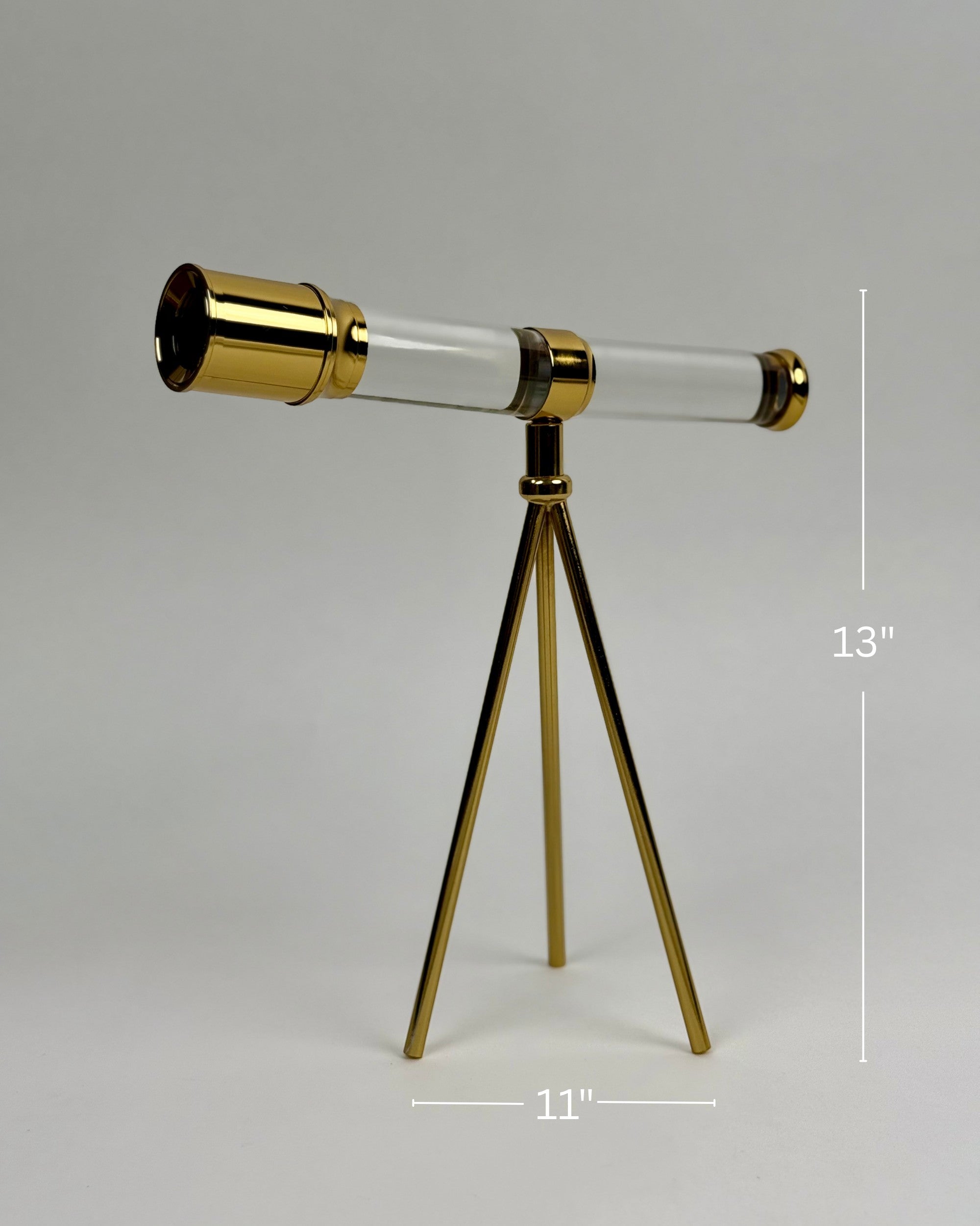 High Objects Crystal Telescope Artefact with gold accents and tripod stand. Decorative vintage exploration piece.