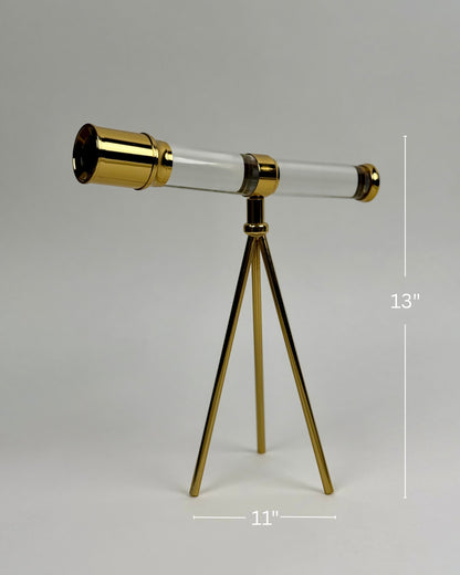 High Objects Crystal Telescope Artefact with gold accents and tripod stand. Decorative vintage exploration piece.