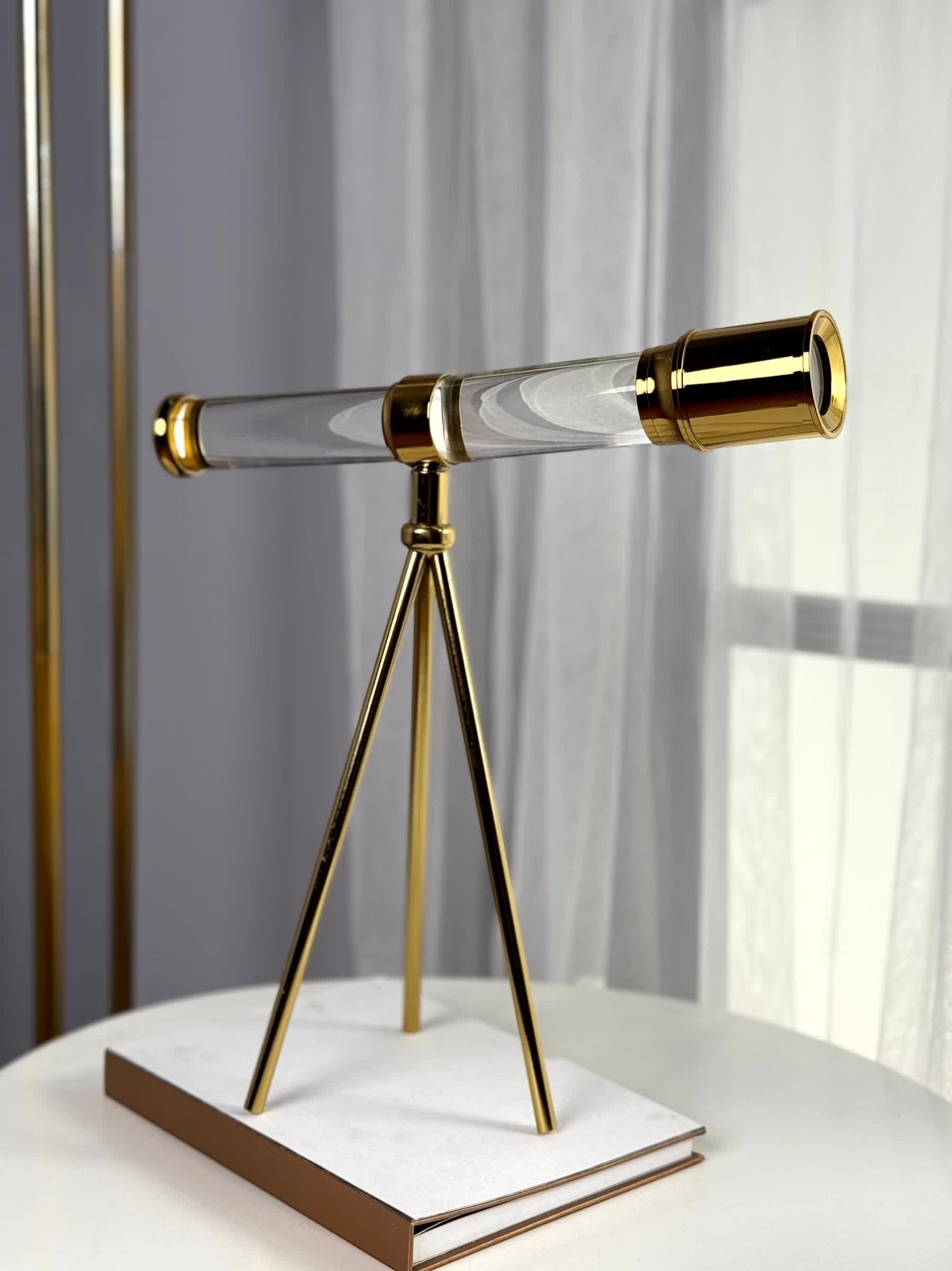 High Objects Crystal Telescope Artefact with gold accents and tripod stand, decorative vintage exploration piece.