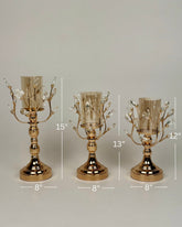 High Objects Crystal Vine Candle Stand Set, gold metal with crystal leaves and amber glass hurricanes, 3 sizes: 15", 13", 12"