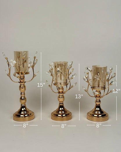 High Objects Crystal Vine Candle Stand Set, gold metal with crystal leaves and amber glass hurricanes, 3 sizes: 15", 13", 12"