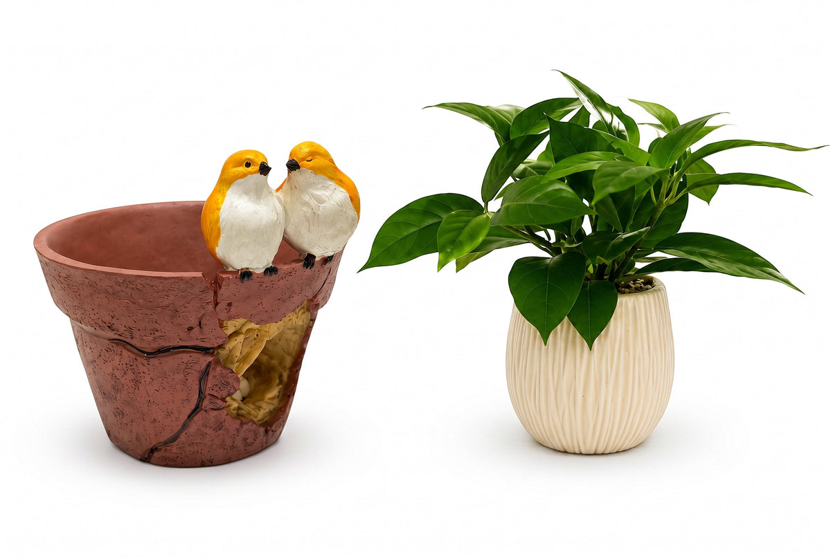 High Objects decorative bundle featuring a rustic cracked terracotta pot with two birds and a ribbed white plant pot.