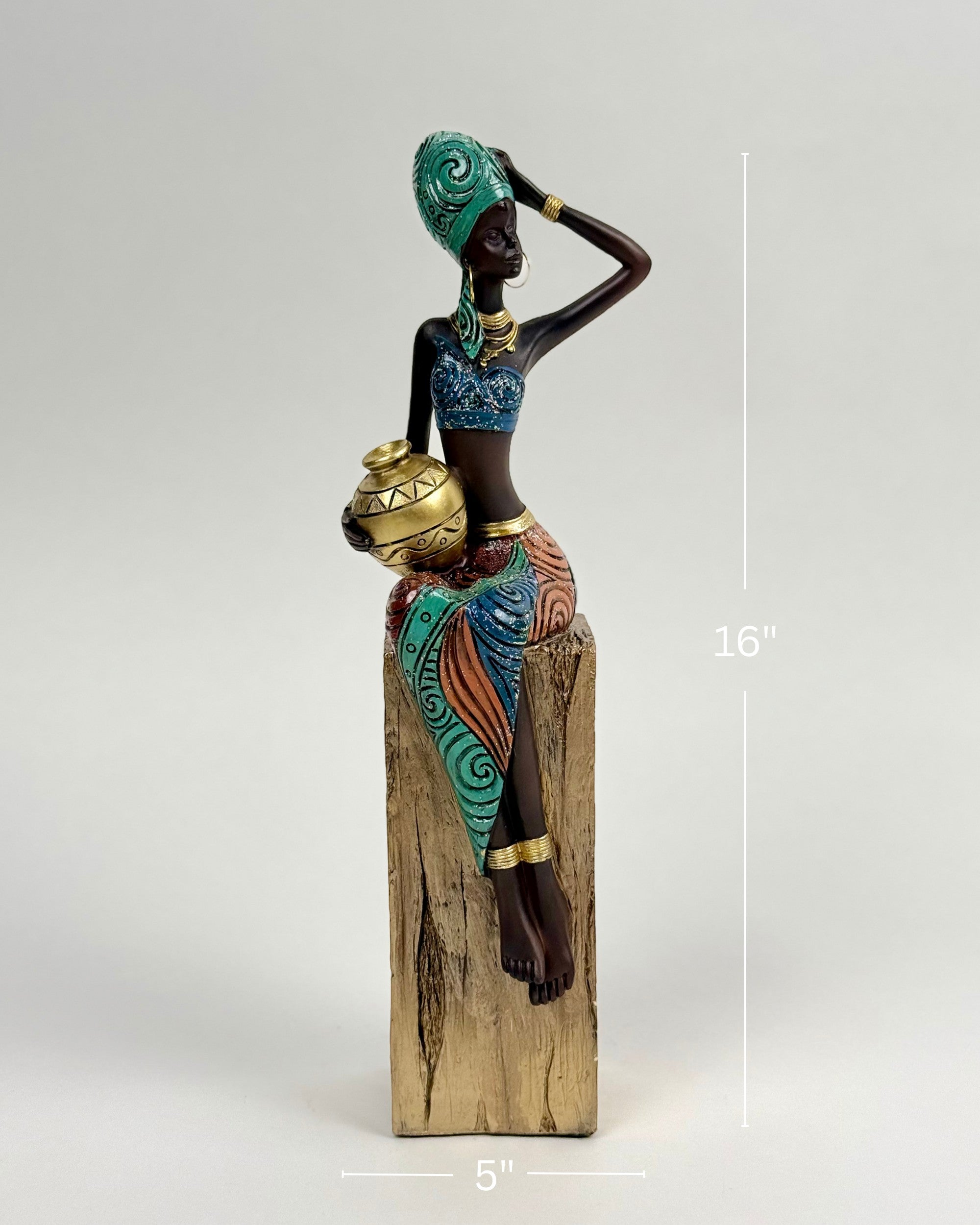 High Objects Desert Queen showpiece, 16-inch polyresin figurine of an African woman holding a gold pot, detailed attire with gold accents.