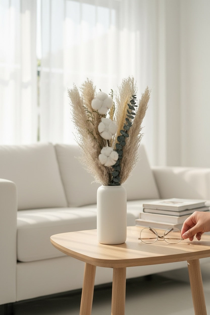 High Objects Maison Éclat dried botanical arrangement with cotton bolls, eucalyptus, and grasses in a white ceramic vase.