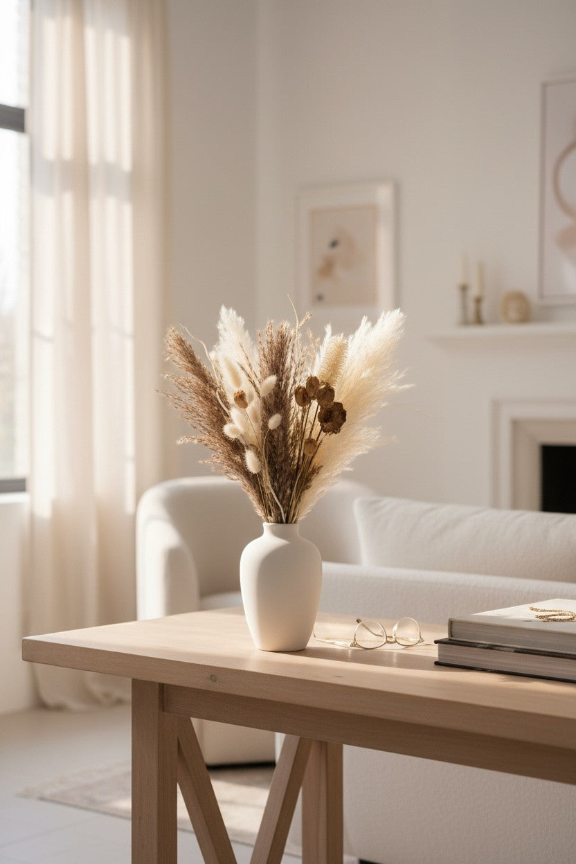 High Objects Aure Still dried botanical arrangement with pampas, bunny tails, and seed pods in a matte cream ceramic vase.