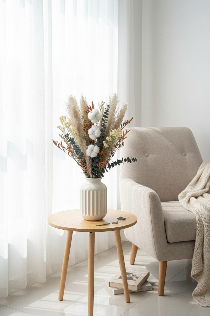 High Objects Maison Éclat dried botanical arrangement with cotton bolls, eucalyptus, grasses, and florals in a fluted ceramic vase.