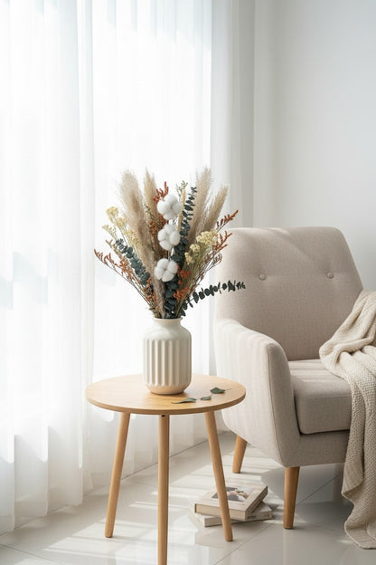 High Objects Maison Éclat dried botanical arrangement with cotton bolls, eucalyptus, grasses, and florals in a fluted ceramic vase.