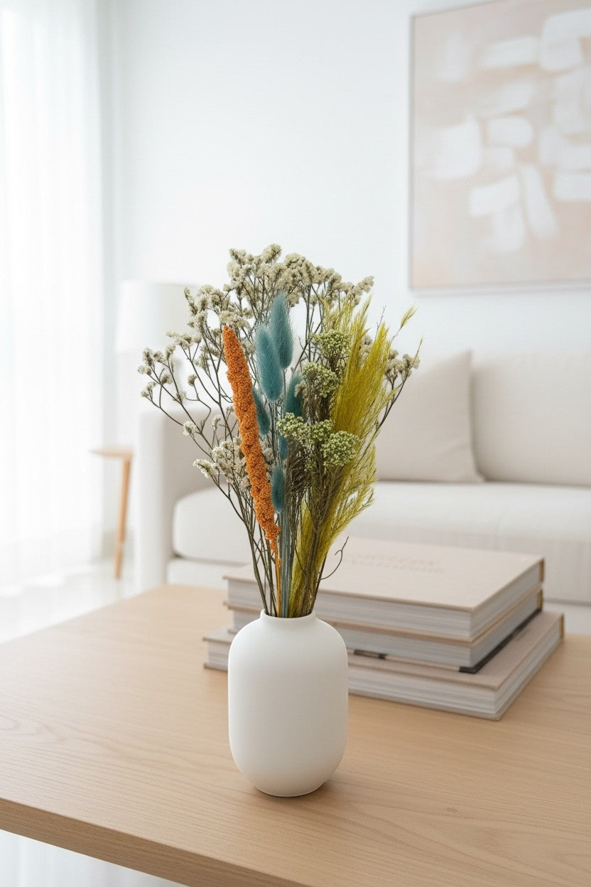 High Objects dried flower arrangement with golden yellow, teal, and orange botanicals in a white vase.