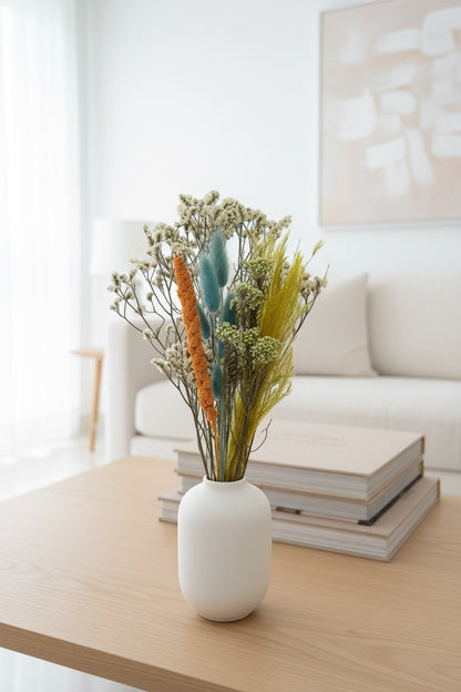 High Objects dried flower arrangement with golden yellow, teal, and orange botanicals in a white vase.