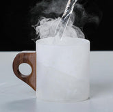 High Objects EchoBrew frosted glass cup with wooden handle, 250-300ml, perfect for hot beverages.