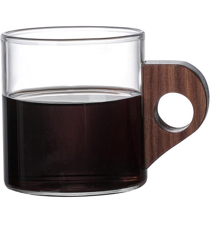 High Objects EchoBrew clear glass cup with a dark wood handle, perfect for coffee or tea.