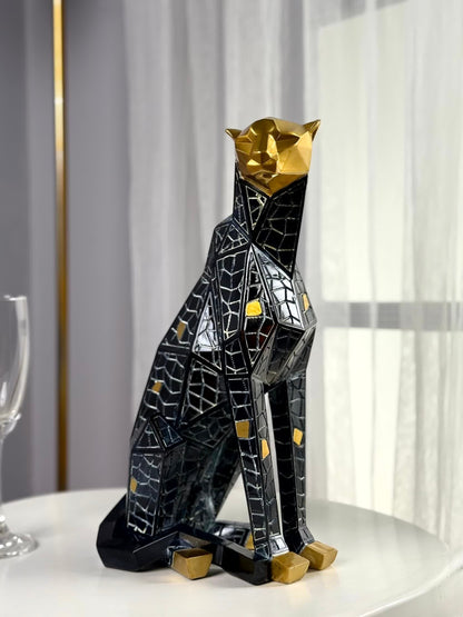 High Objects Eclipse Panther showpiece, abstract geometric polyresin sculpture in black with gold accents, modern decor.