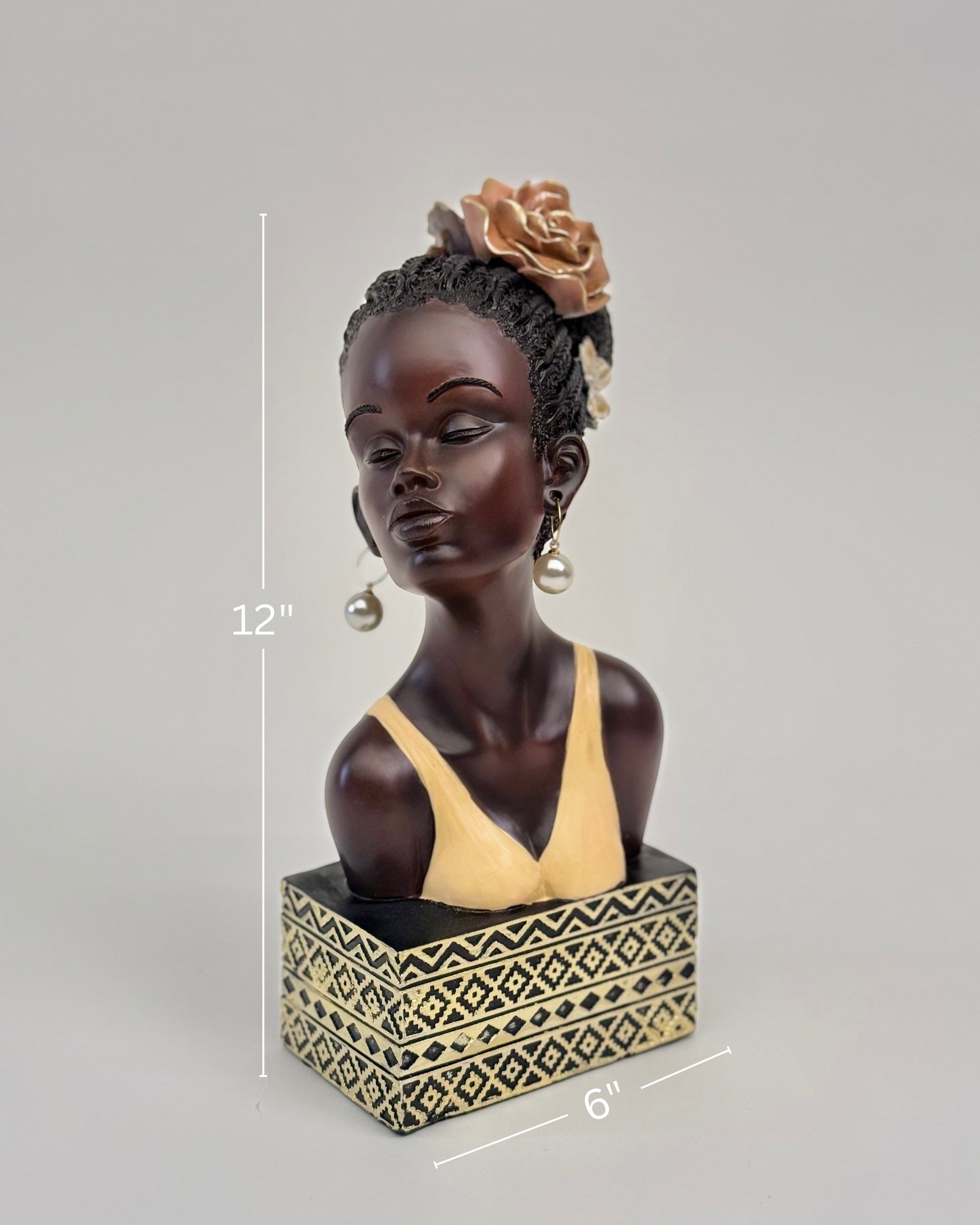 High Objects Elysian Grace Woman Showpiece bust with braided hair, flower, pearl earrings, and patterned base.