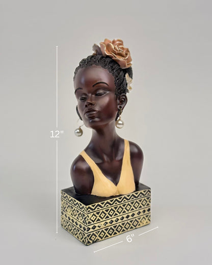 High Objects Elysian Grace Woman Showpiece bust with braided hair, flower, pearl earrings, and patterned base.