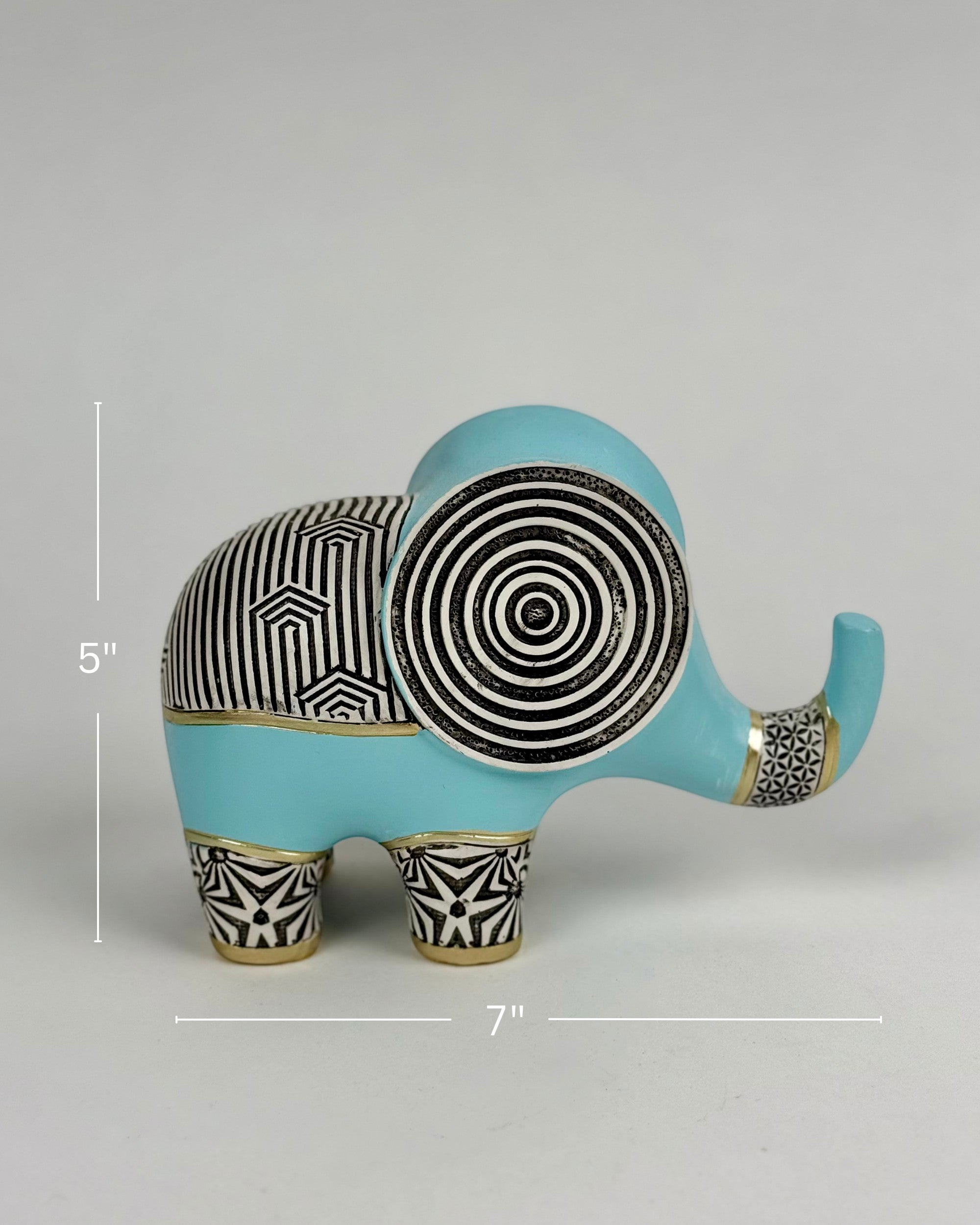 High Objects small blue polyresin elephant figurine with black and gold geometric patterns and concentric ear detail.
